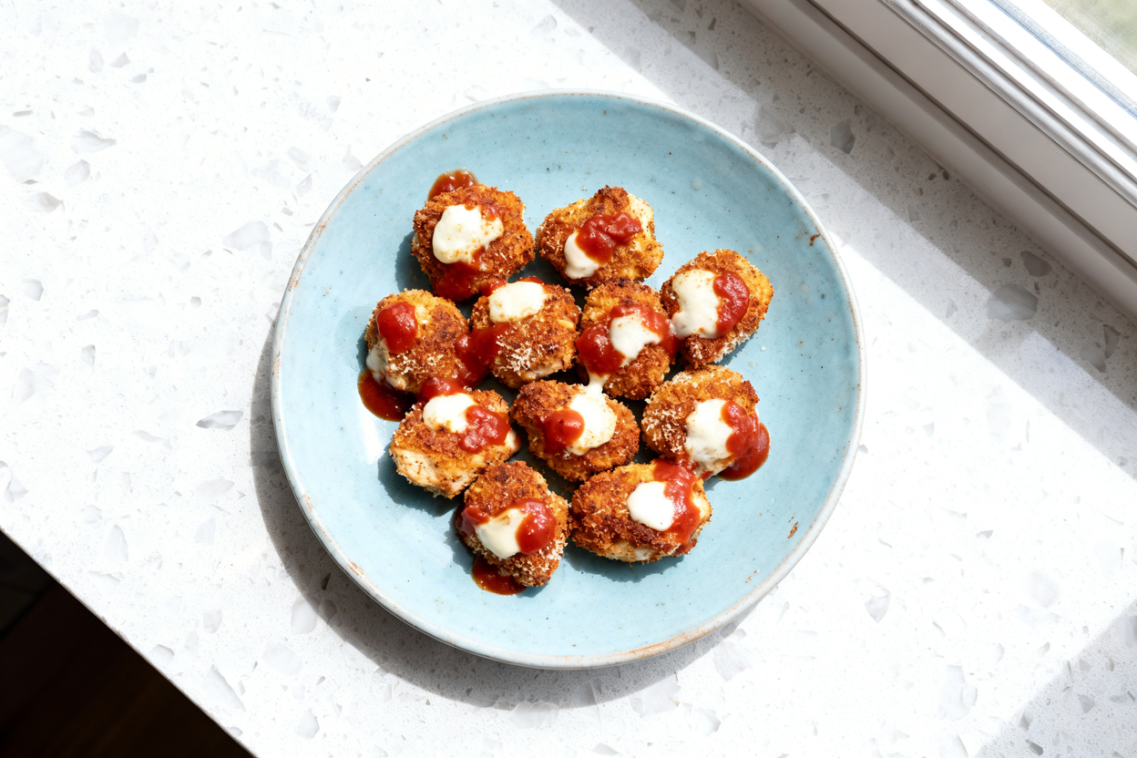 top-down food photo of Air Fryer Keto Chicken Parm Bites: a single serving of bite-sized chicken bre
