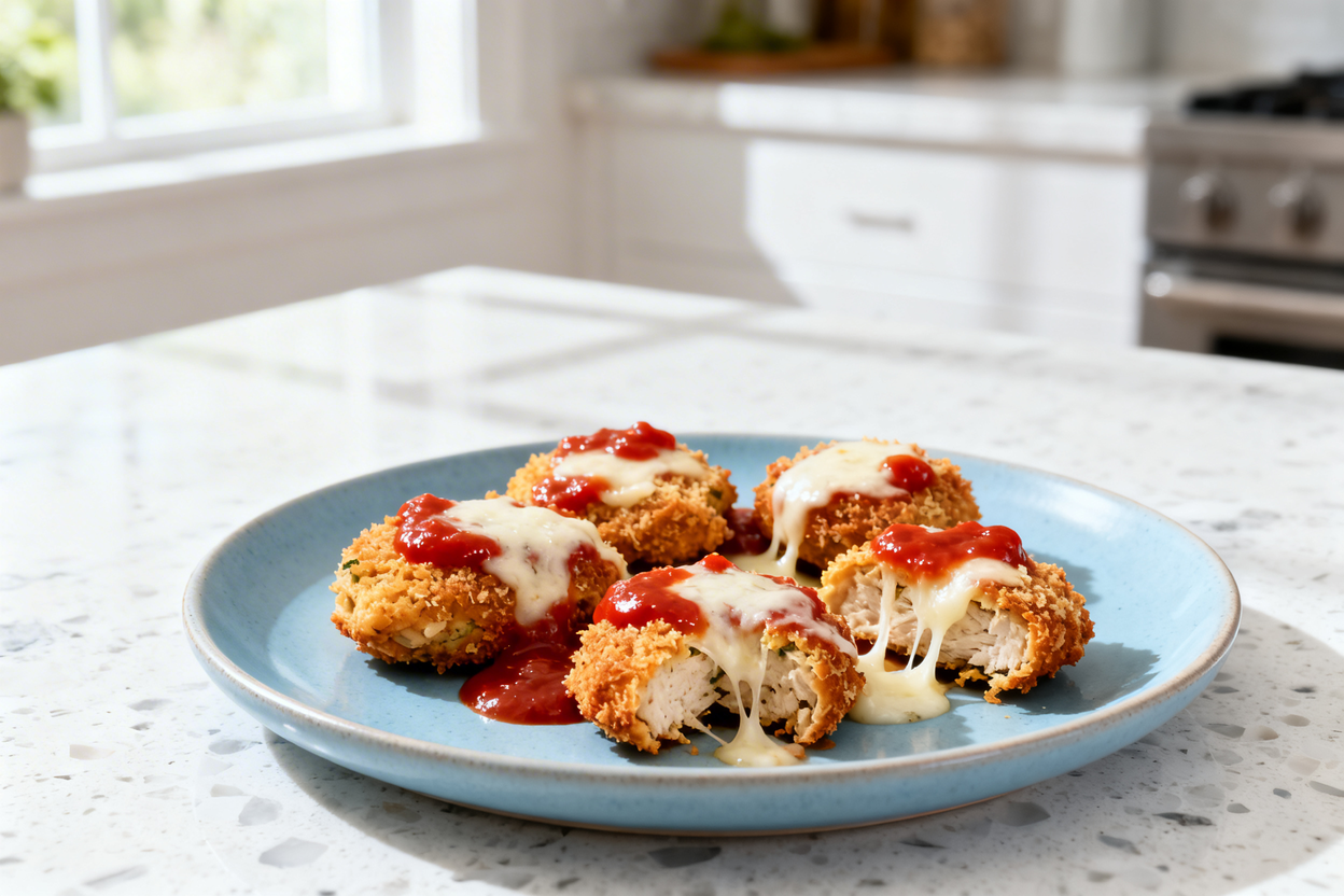  shot at approximately 30–45 degrees of the same plated serving of Air Fryer Keto Chicken Parm Bites