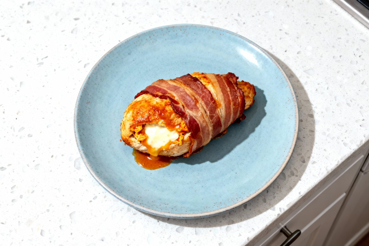 top-down photography of a single Buffalo Chicken Bacon Mozzarella Bomb plated on a light blue ceram