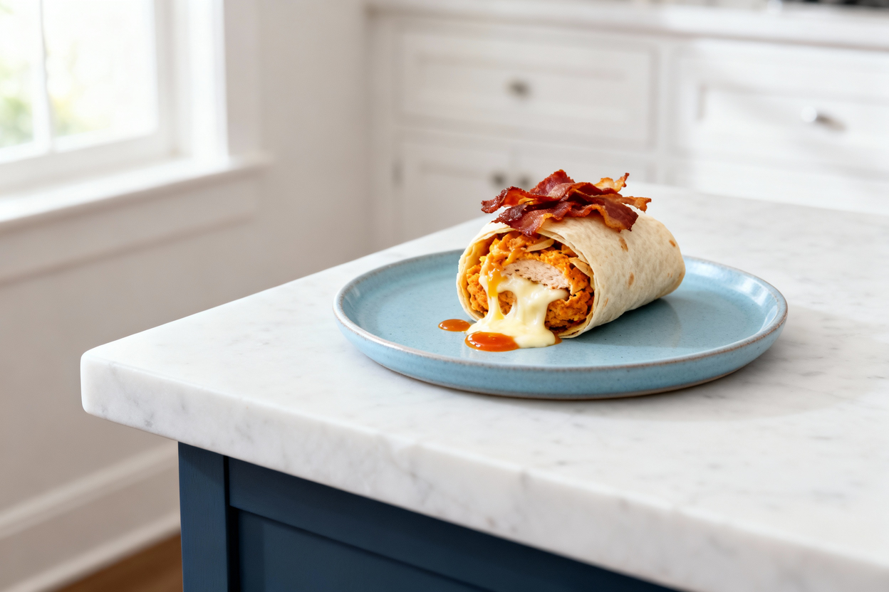 mera perspective at approximately 35 degrees showing a single Buffalo Chicken Bacon Mozzarella Bomb 