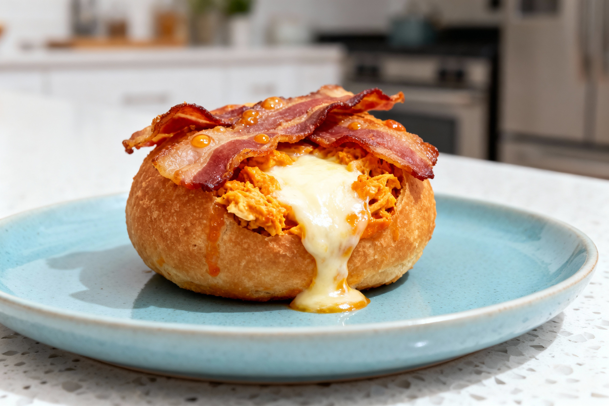 d 40 degrees, close-up view of a single Buffalo Chicken Bacon Mozzarella Bomb plated on the same lig