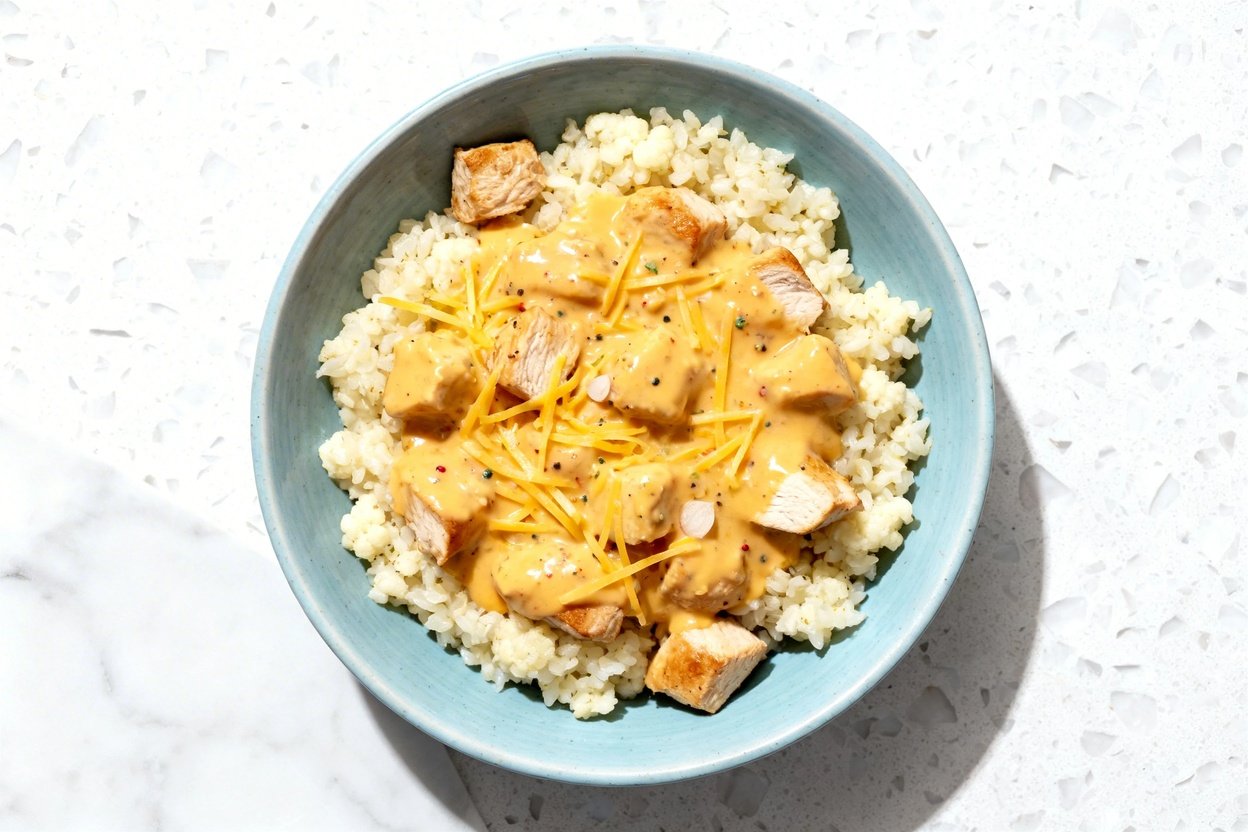 top-down food photograph of a single serving of a Cheesy Keto Cauliflower Chicken Bowl: creamy cauli