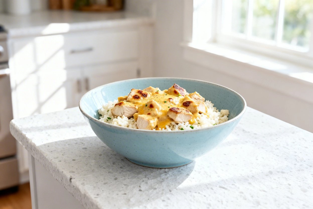 bout 35 degrees) realistic food photo of the exact same finished Cheesy Keto Cauliflower Chicken Bow