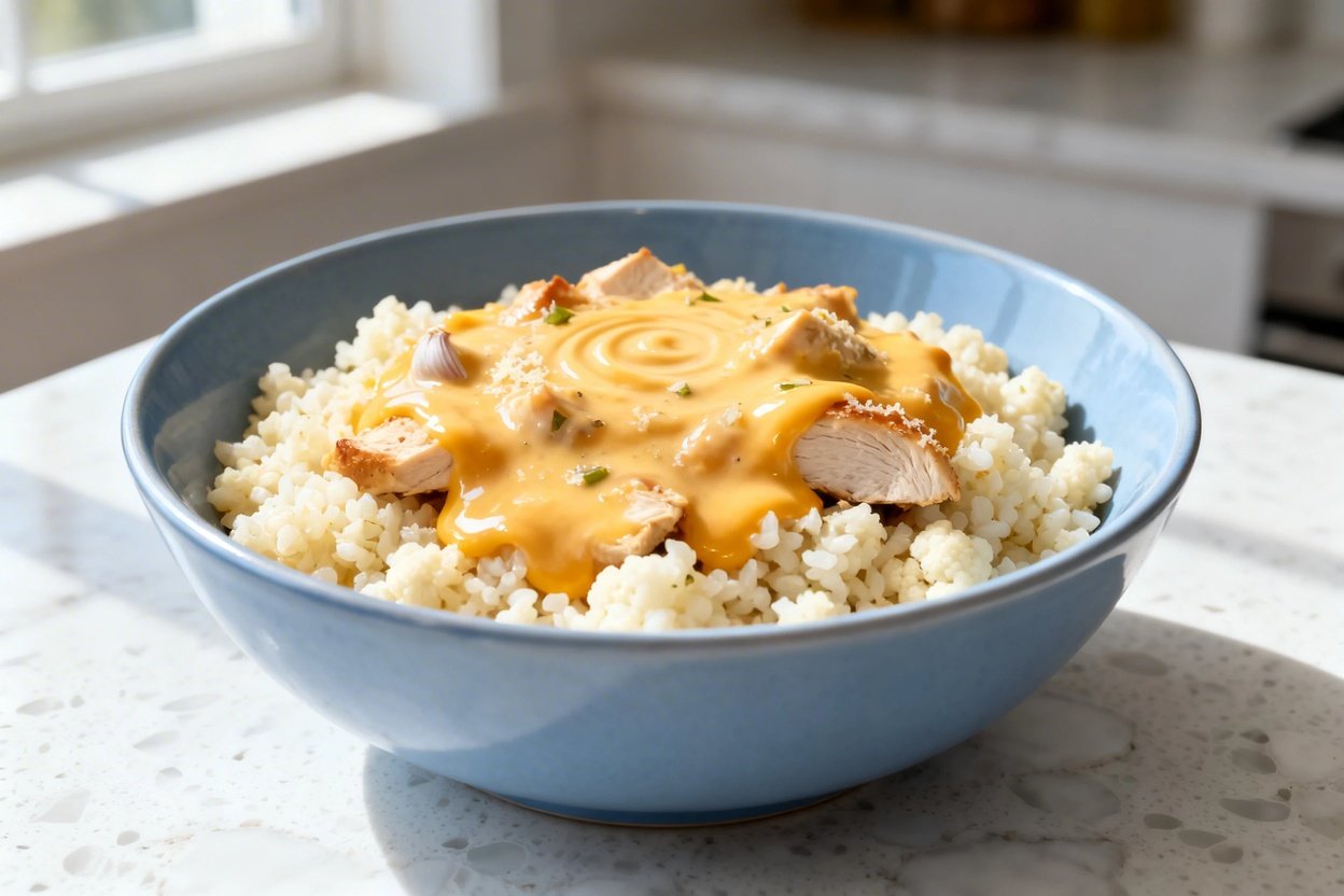  shot (about 40–45 degrees) of the same plated Cheesy Keto Cauliflower Chicken Bowl in the same ligh