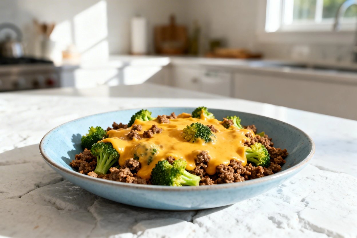 bout 30–40°) realistic food photograph of the exact same finished cheesy keto hamburger broccoli ski