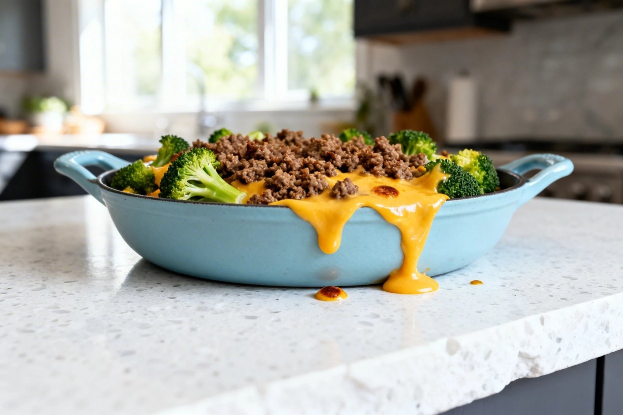  shot (about 30–45°) emphasizing texture of the same finished cheesy keto hamburger broccoli skillet