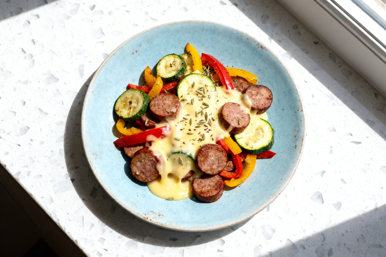 top-down food photo of the finished Cheesy Keto Sausage and Veggies: browned sliced sausage coins mi