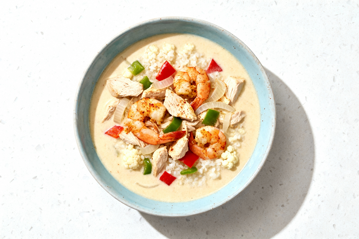 erving of Creamy Cajun Shrimp and Chicken Soup plated in a light blue ceramic bowl, centered on a wh