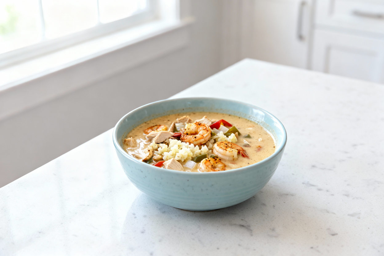 (about 35 degrees) perspective of the same bowl of Creamy Cajun Shrimp and Chicken Soup, now resting