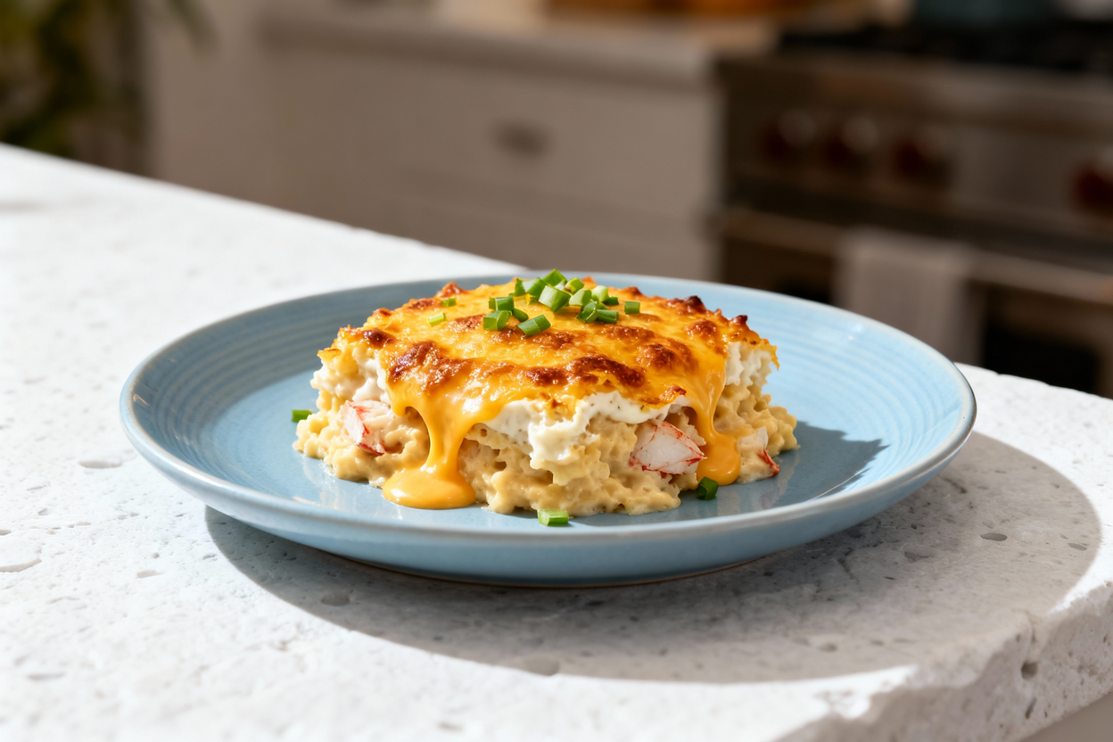  creamy cheesy crab casserole shown in a slightly angled view (~35 degrees), plated identically on t