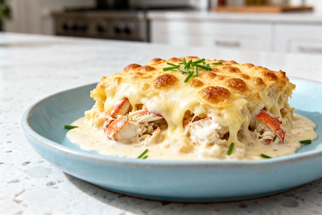  ero shot (~40 degrees) of the same creamy cheesy crab casserole serving as in the previous images, p