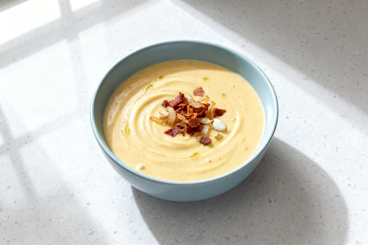 top-down food photograph of a single serving of Creamy Keto Bacon Delight Soup: a thick, velvety pal