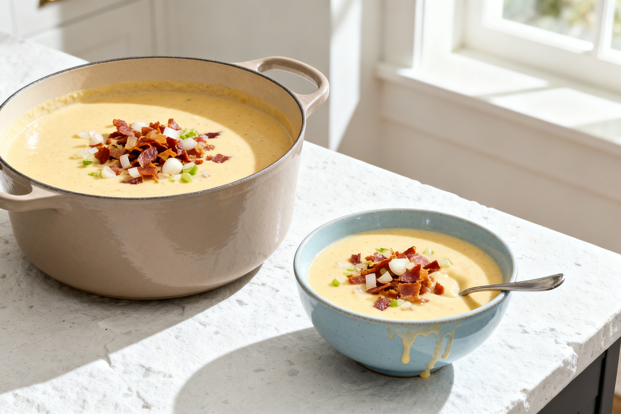 bout 35 degrees) realistic food photo of the same Creamy Keto Bacon Delight Soup, same portion size