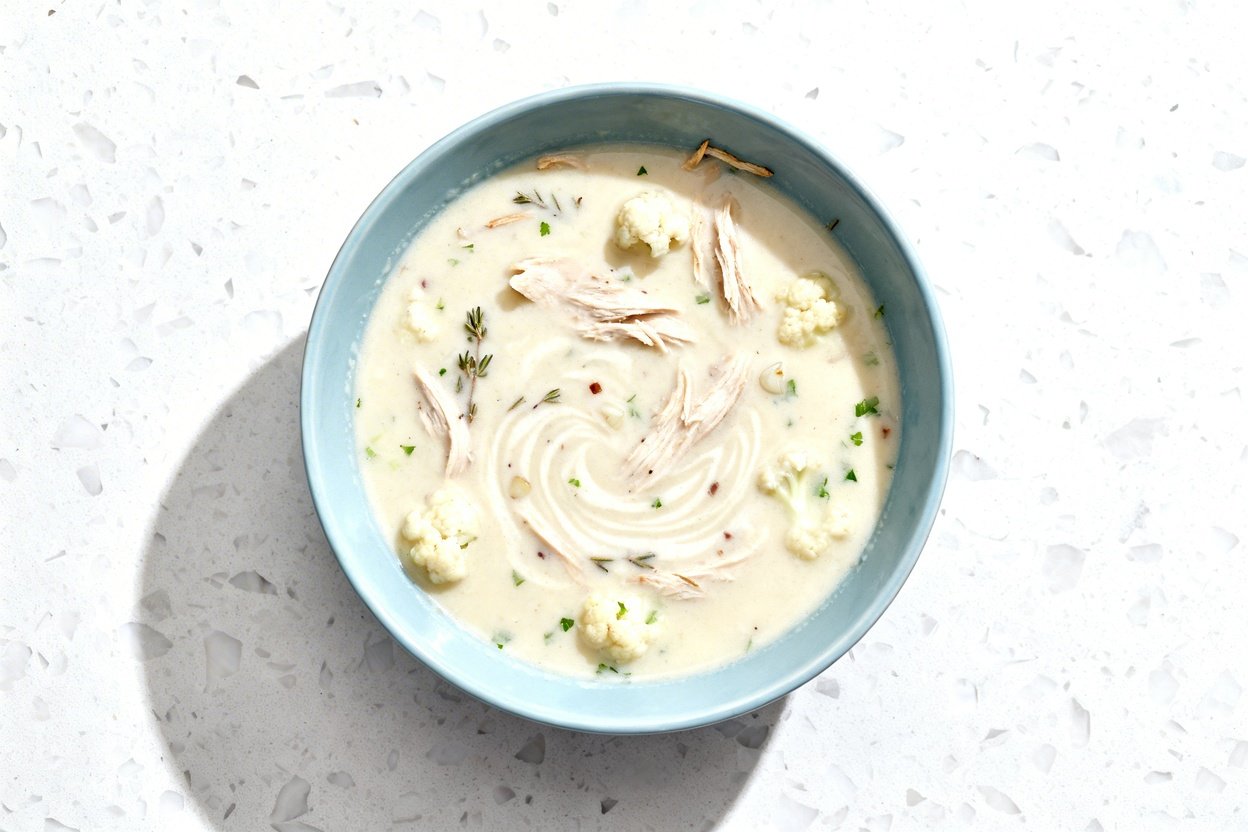 top-down food photo of a single serving of creamy keto chicken soup in a light blue ceramic bowl, s