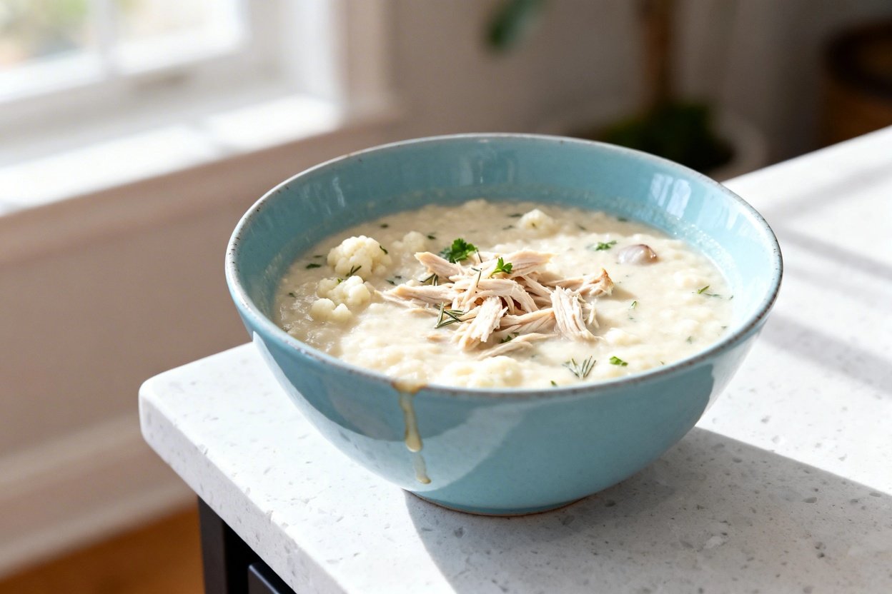 bout 35 degrees) realistic food photograph of the same creamy keto chicken soup, same portion and sa