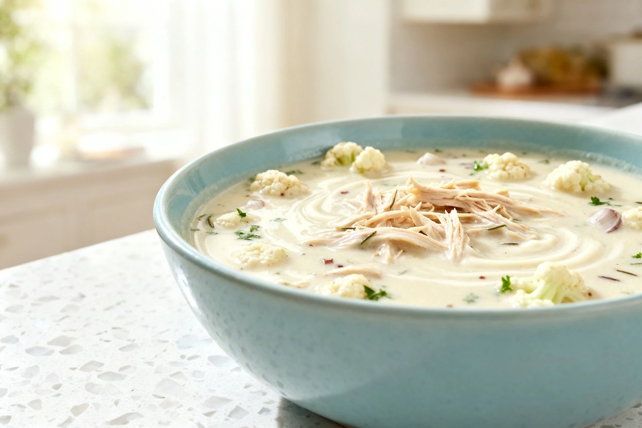shot (about 40–45 degrees) of the same finished creamy keto chicken soup in the same light blue cer