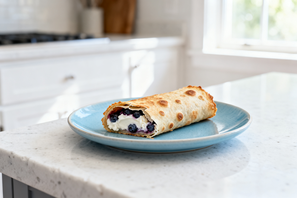 about 35 degrees) shot of the same Crispy Keto Blueberry Roll-Up, plated identically on a light blue