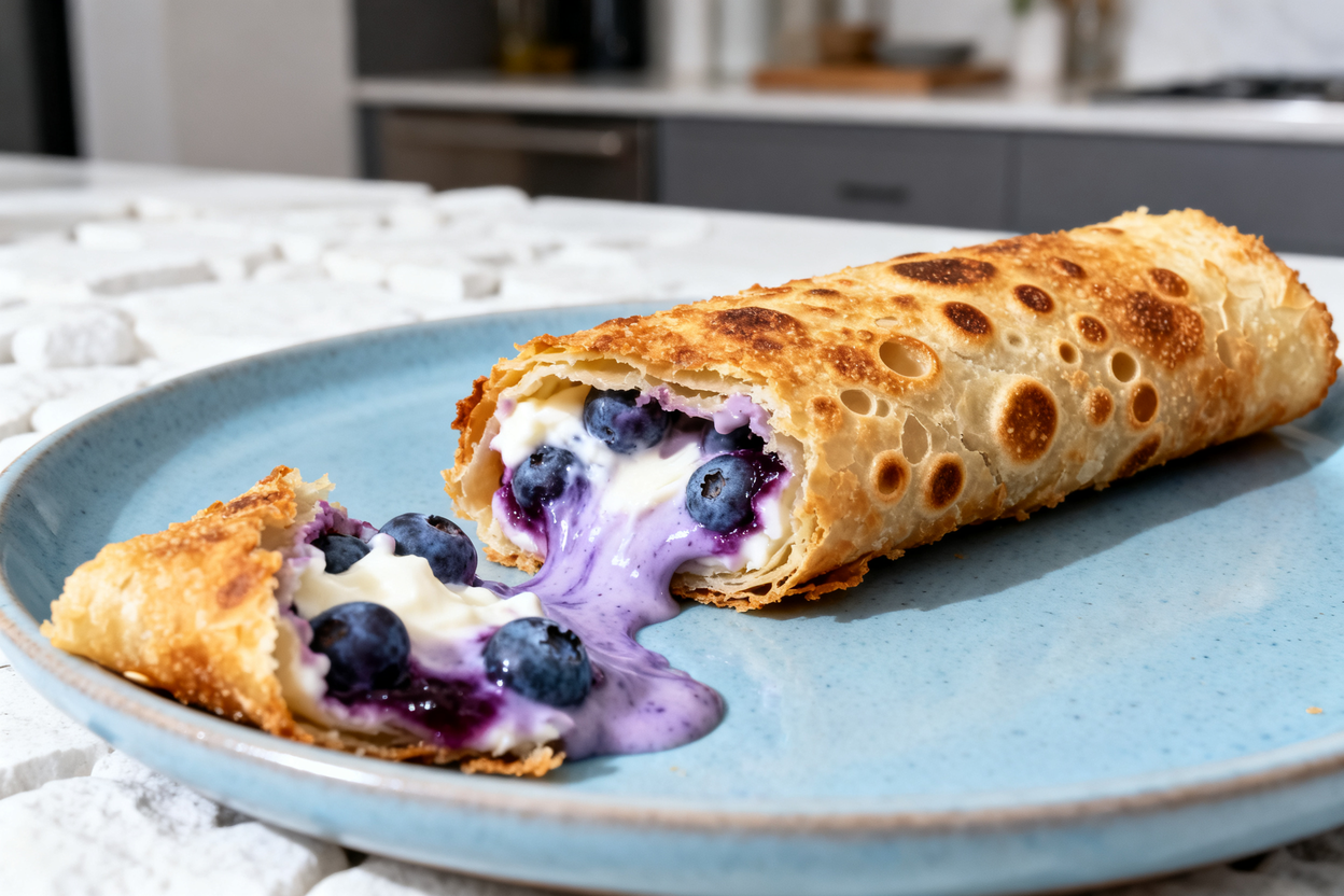 t (around 40 degrees) of the same Crispy Keto Blueberry Roll-Up on a light blue ceramic plate, cente