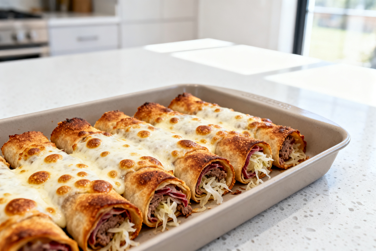 –40 degree camera perspective capturing the same crispy keto Reuben roll-ups immediately post-bake i