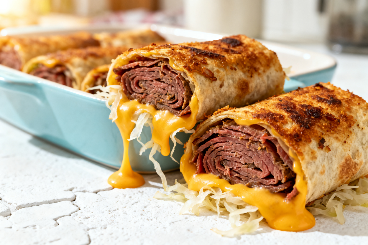 shot (approximately 35 degrees) of the same crispy keto Reuben roll-ups, plated on the same light b