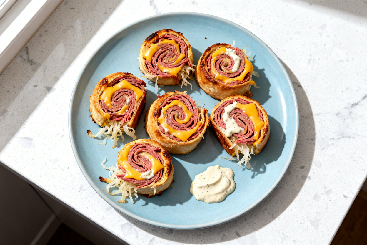 top-down food photo of Crispy Keto Reuben Roll-Ups: 5–6 tightly rolled spirals of deli-style corned