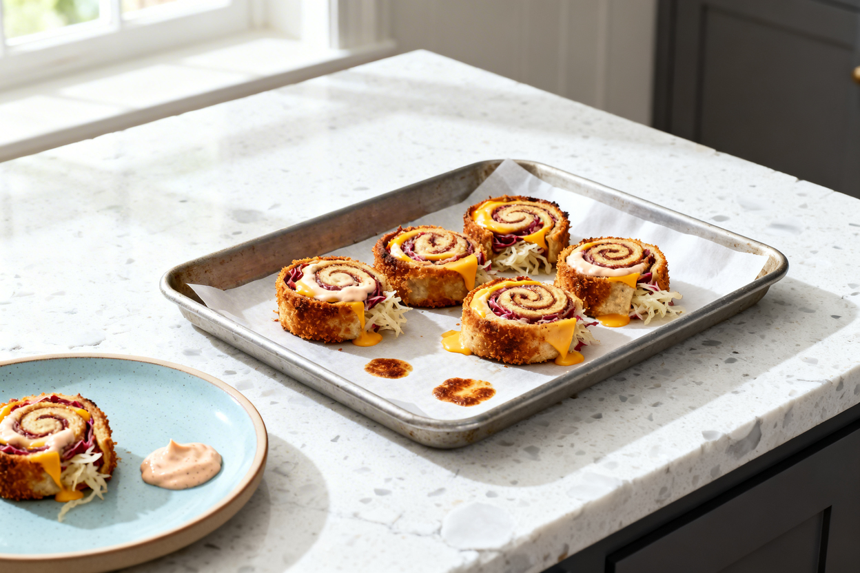 –40 degree camera view of the exact same finished Crispy Keto Reuben Roll-Ups (same number and same