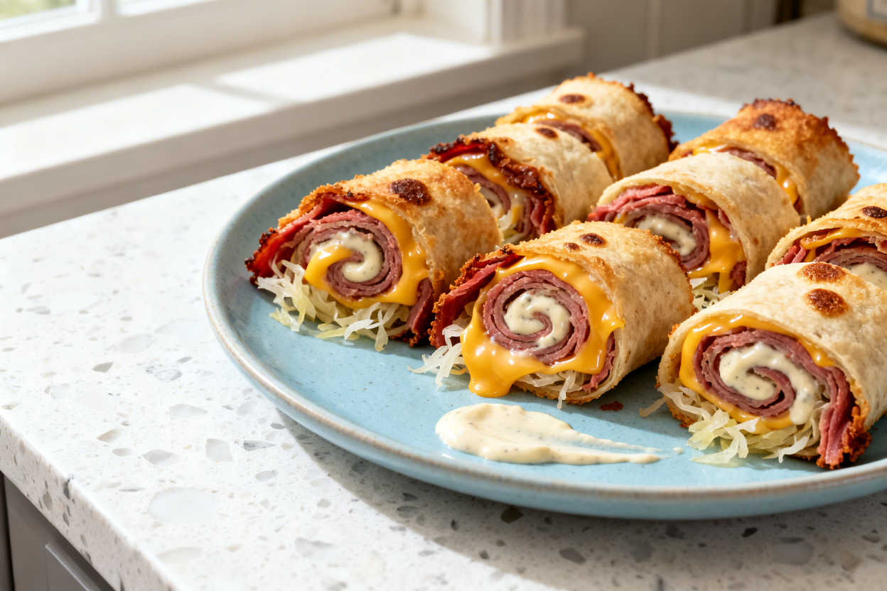  shot at 30–45 degrees of the same plated Crispy Keto Reuben Roll-Ups on the same light blue ceramic
