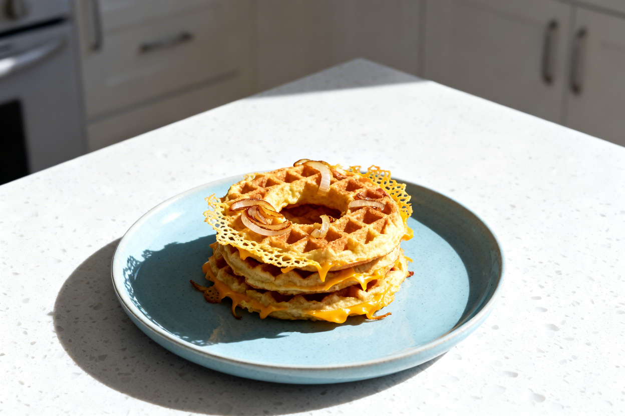 shot of a single serving of keto onion ring chaffles, plated casually on a light blue ceramic plate