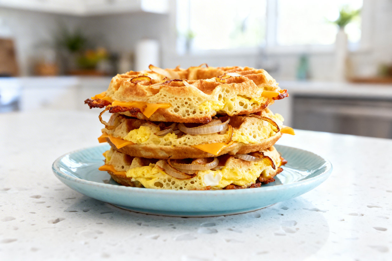 proximately 35 degrees) of the plated keto onion ring chaffles on a light blue ceramic plate, center