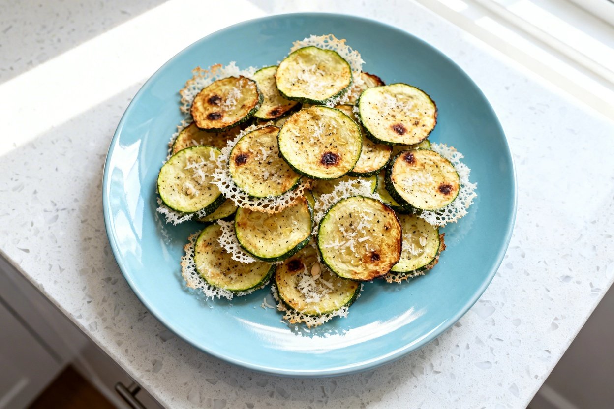 top-down food photo of Keto Parmesan Zucchini Chips: thin, round zucchini slices baked until crisp w