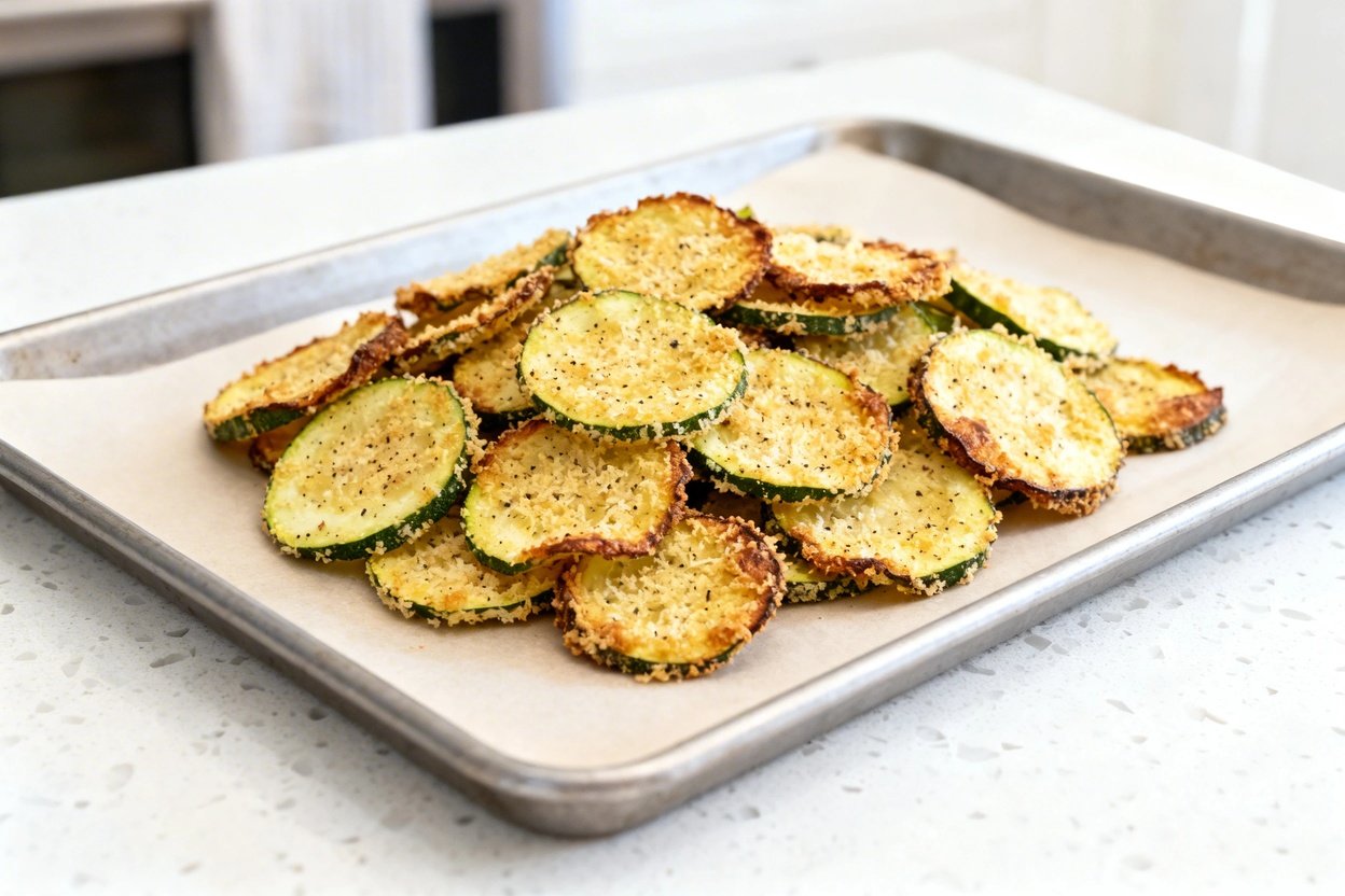 bout 35 degrees) realistic home-kitchen photo of the exact same finished Keto Parmesan Zucchini Chip