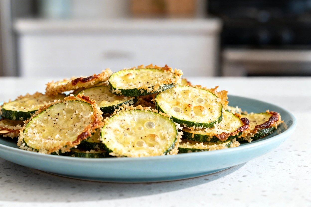  shot (about 40–45 degrees) of the same plated Keto Parmesan Zucchini Chips on the identical light b