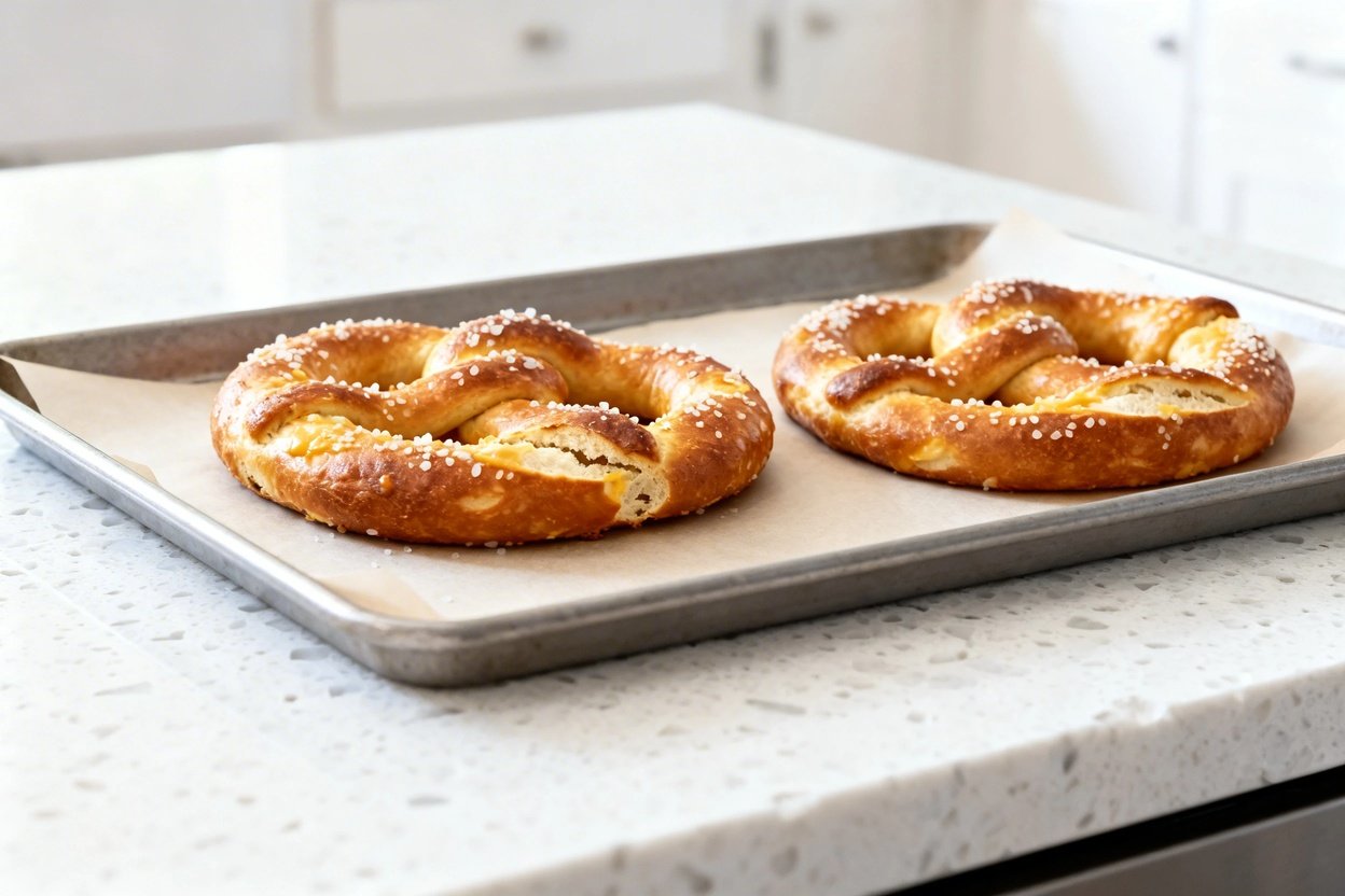 –40° perspective of the exact same finished dish: two classic twisted crunchy keto soft pretzels, sa