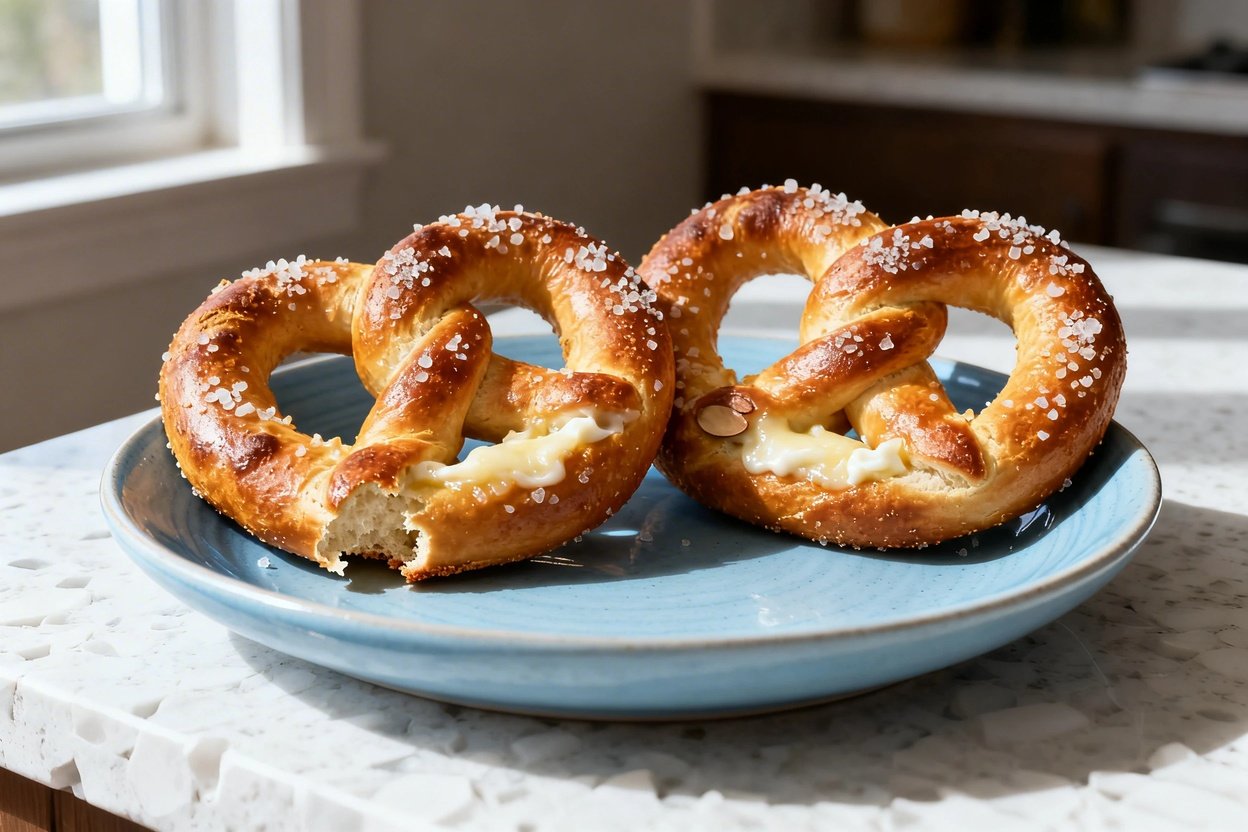  shot at 30–45° of the same plated serving: two identical twisted crunchy keto soft pretzels on the 