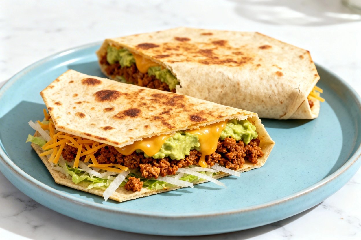  shot (about 40–45 degrees) of the same single serving Healthy Keto Crunch Wrap on the same light bl