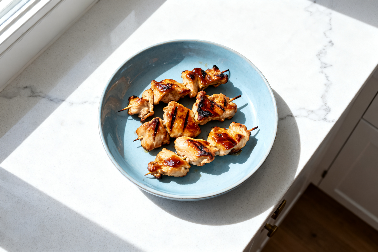 top-down view of a single serving of Keto Chicken Yakitori Skewers, plated on a light blue ceramic
