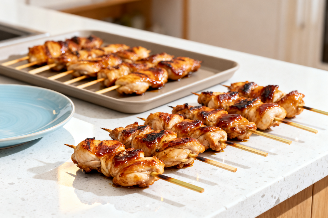 -degree camera shot of the same Keto Chicken Yakitori Skewers, freshly grilled and still placed in a