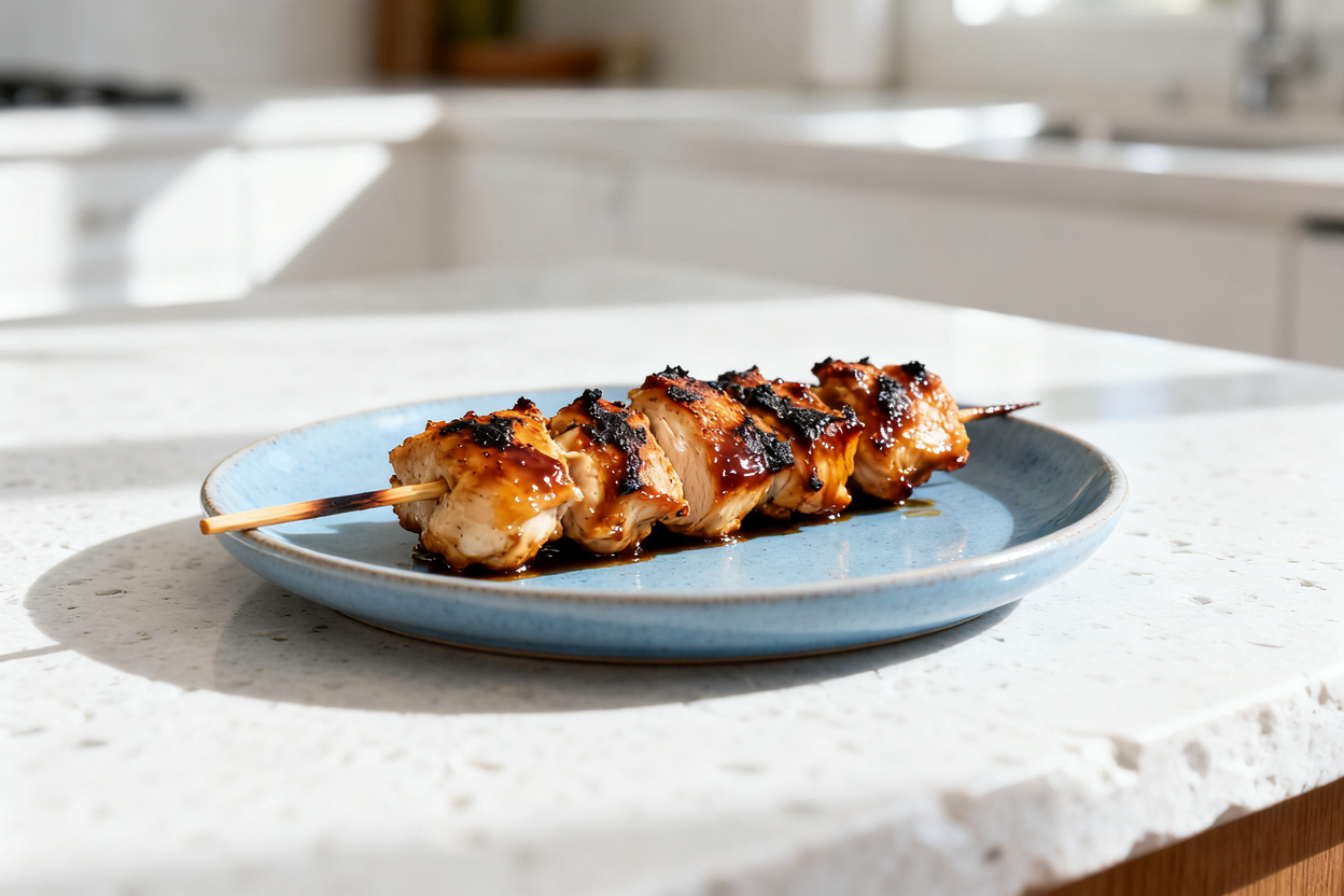 shot of the same single serving of Keto Chicken Yakitori Skewers plated on the identical light blue