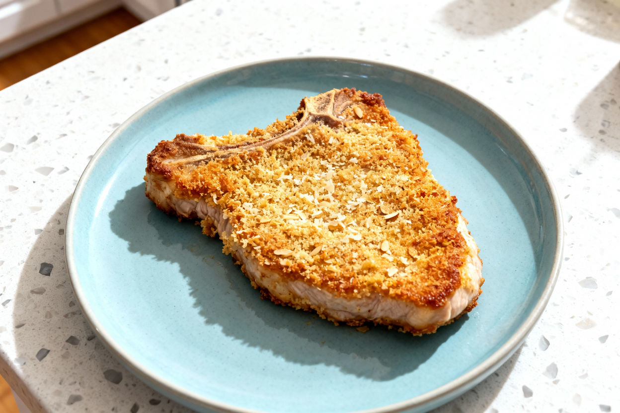 shot of a single thick-cut keto Parmesan pork chop, golden brown with a crispy almond flour and Par