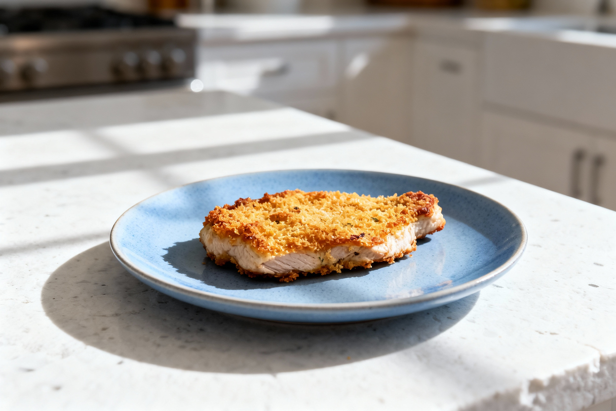 5-degree view of the same single serving of keto Parmesan pork chop, cooked golden and crisp. The ch