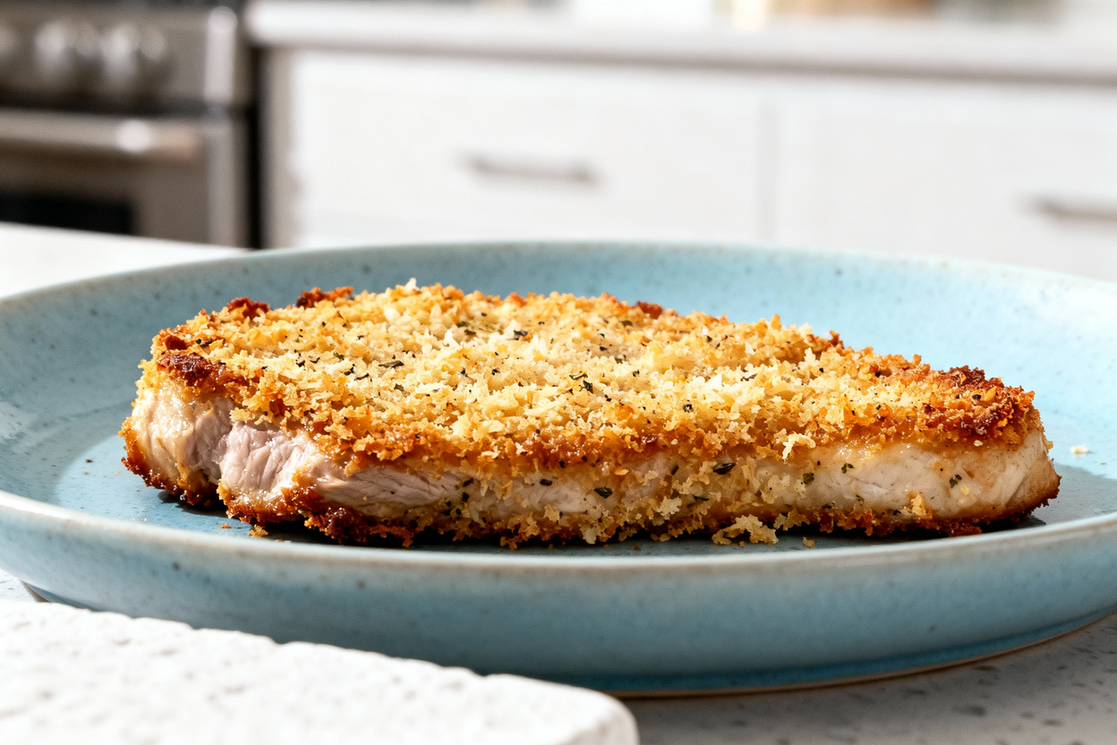 at a 40-degree angle showcasing the same keto Parmesan pork chop plated on a light blue ceramic dish