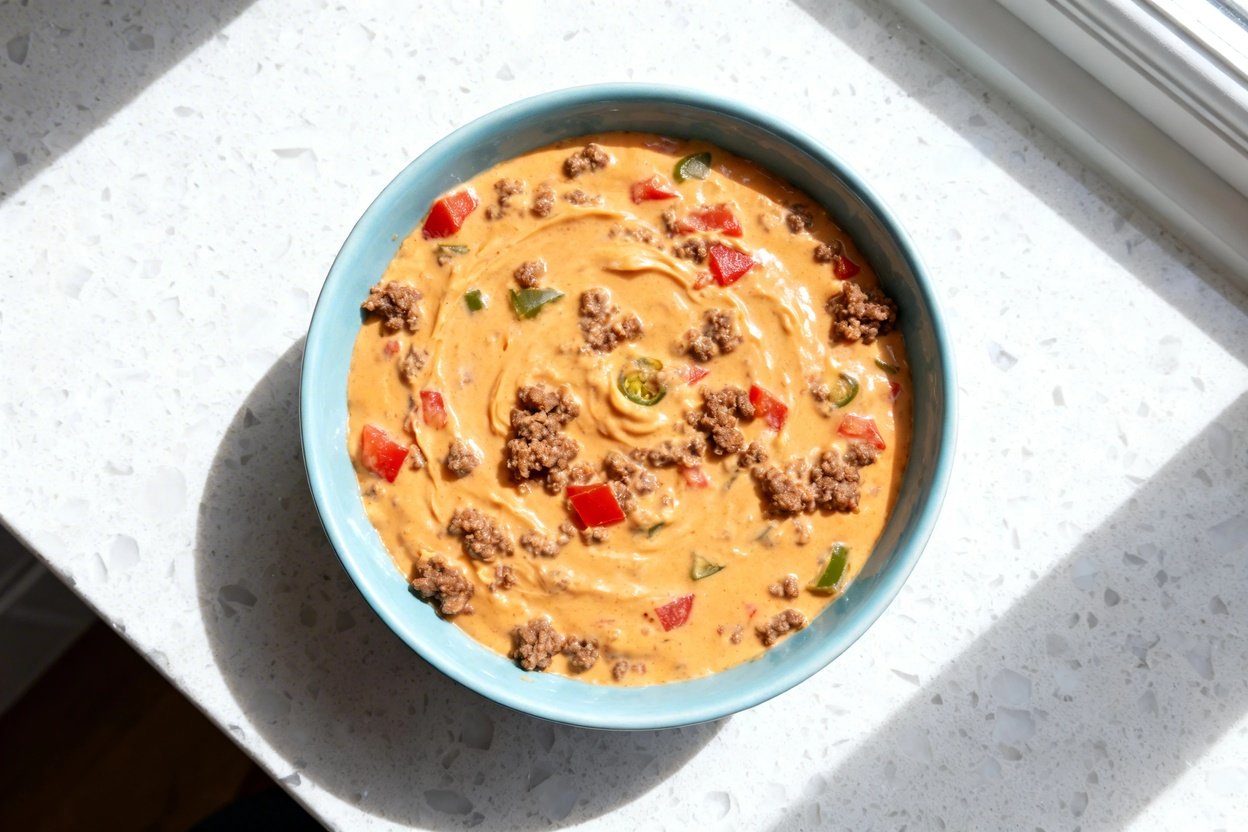 top-down food photo of a single serving of creamy, cheesy Keto Rotel Dip with Ground Beef: a thick,