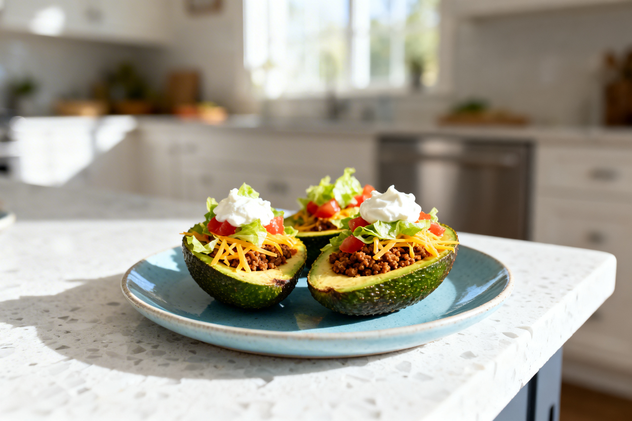 –40 degree view of the exact same finished keto taco stuffed avocado bites (same avocado halves and 