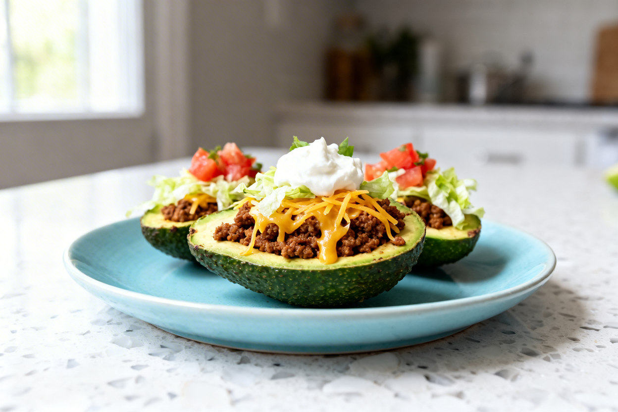  shot at 30–45 degrees focusing on the same plated keto taco stuffed avocado bites on the same light