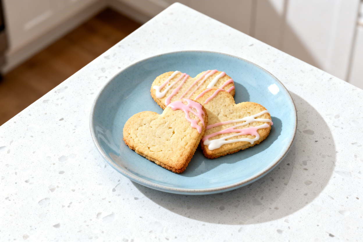 , top-down view of a light blue ceramic plate centered on a white stone countertop, holding a single
