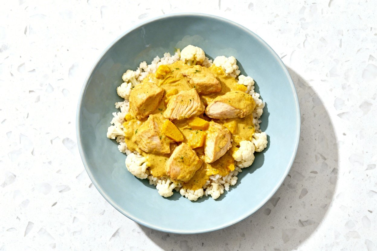 top-down food photo of a single serving of low carb keto chicken yellow curry: tender bite-sized bon