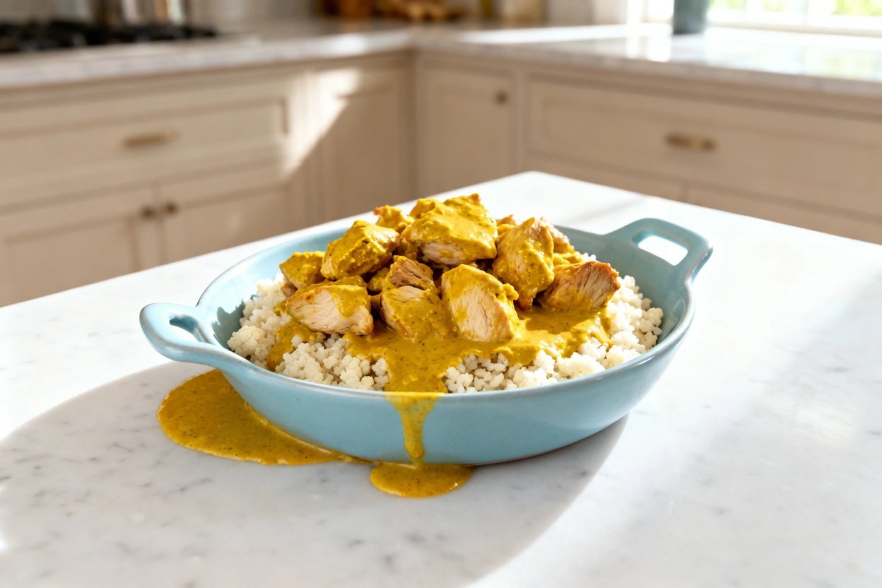 –40 degree perspective of the same finished low carb keto chicken yellow curry and cauliflower rice,