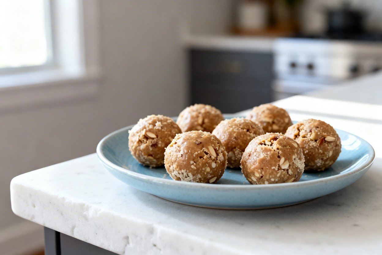  shot (about 40–45 degrees) of the same finished no-bake keto protein balls on the same light blue c