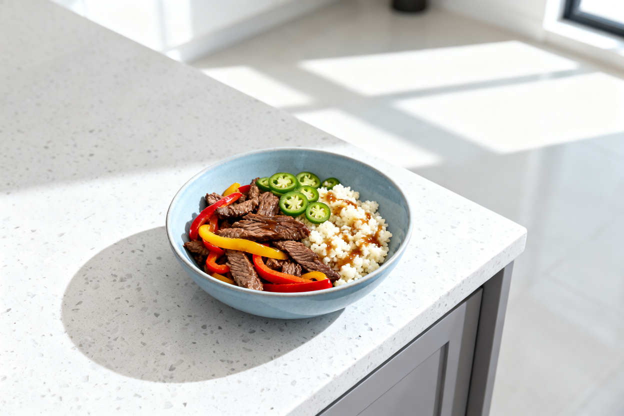  of a plated Spicy Keto Beef Bowl served on a light blue ceramic bowl, centered on a clean white sto