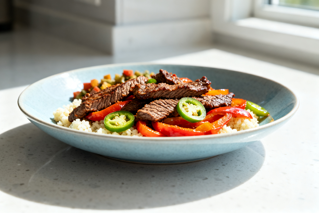  angle of the Spicy Keto Beef Bowl, carefully focused on the texture of the seared beef strips and g